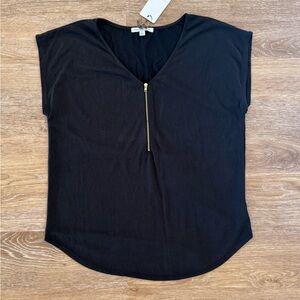 Black V-Neck Top with Gold Zipper